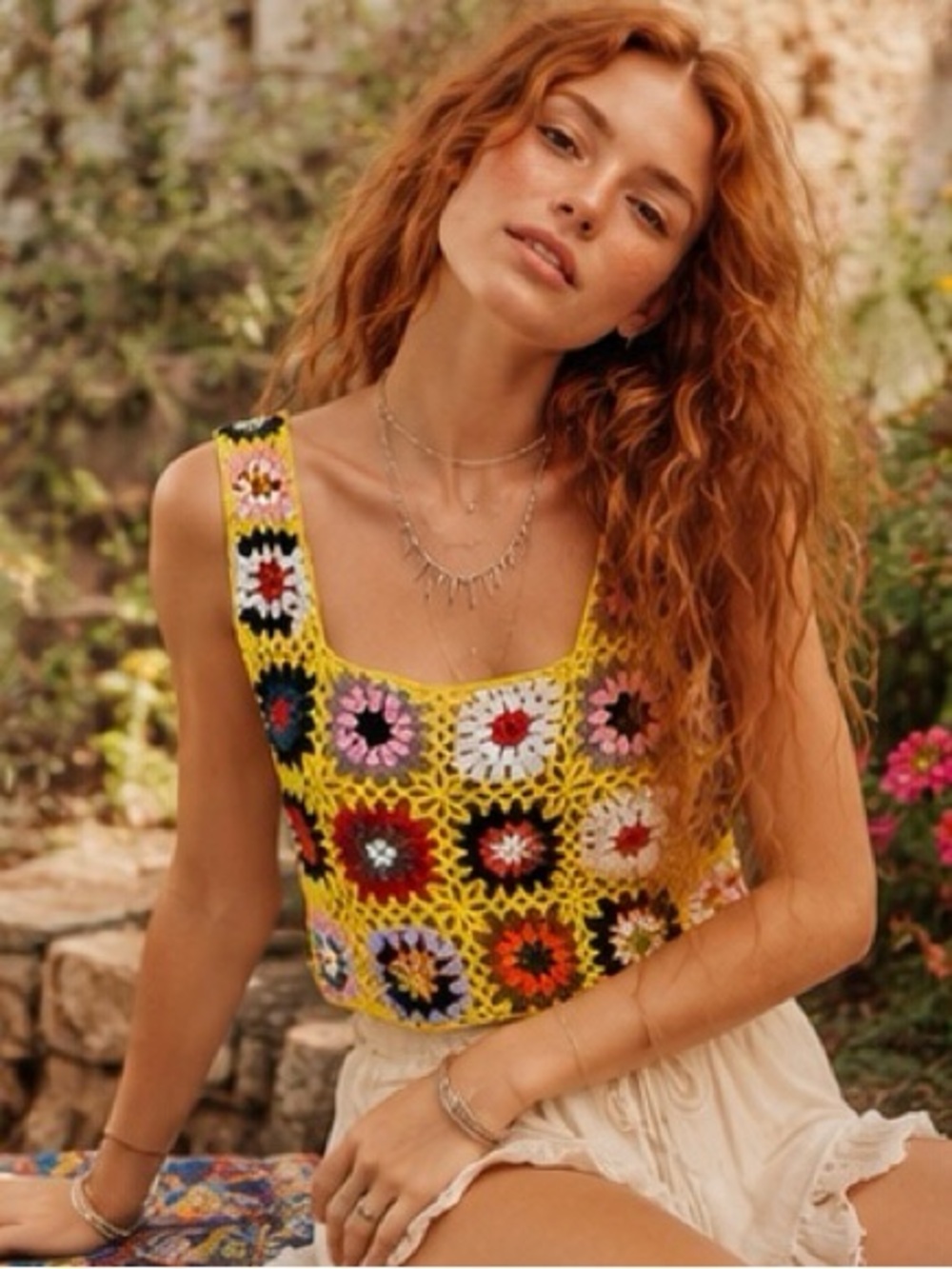 NWOT Adora Crochet Granny Square Crop Tank Top Yellow Boho Handmade | Fits S - L